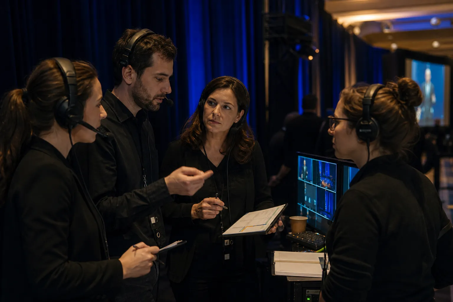 Event production crew coordinating backstage